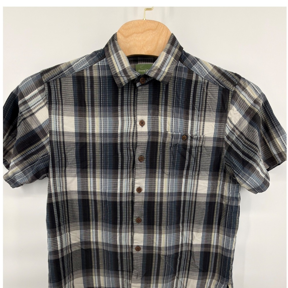 Tommy Bahama Men's L/G Short Sleeve Button-Up Shirt 100% Silk Blue Gray Plaid